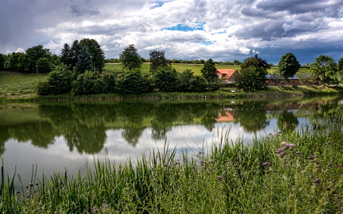 Dänemark, Langa, Midtjylland, Fluss, Gras, Bäume, Felder, Wolken Hintergrundbilder Bilder