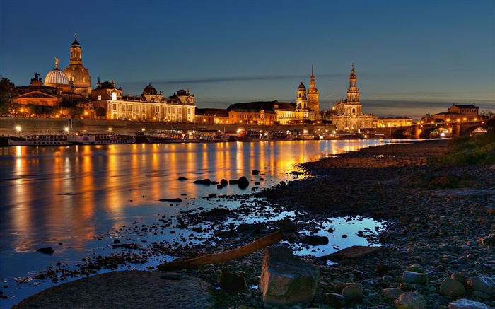 Dresden, Deutschland, Stadt, Häuser, Gebäude, Fluss, Nacht, Lichter Hintergrundbilder Bilder