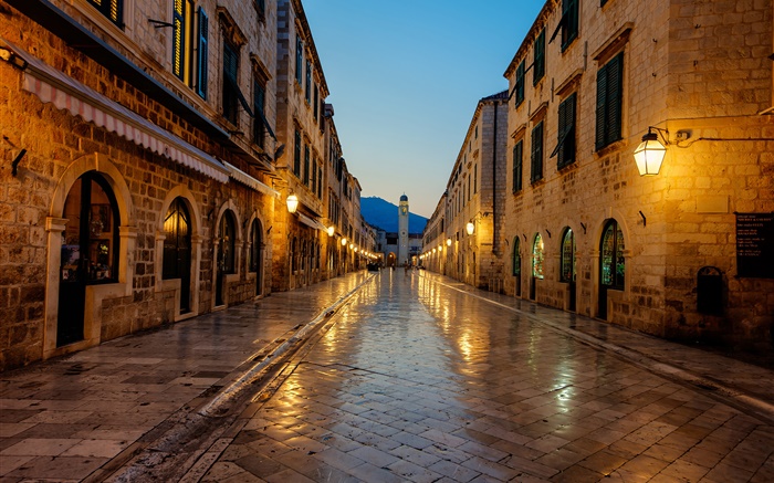 Dubrovnik, Kroatien, Sonnenuntergang, Gehweg, Haus, Lichter Hintergrundbilder Bilder