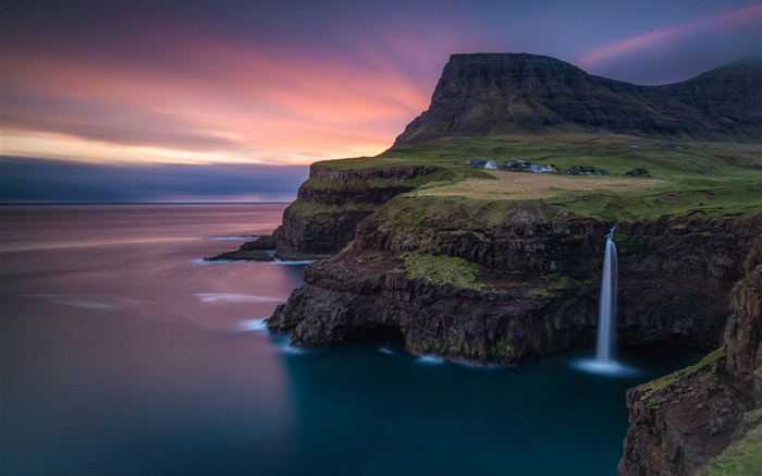 Färöer-Inseln, Wasserfall, Atlantik, Berg, Felsen, Haus, Dämmerung Hintergrundbilder Bilder