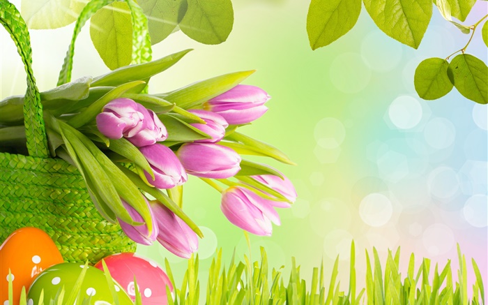 Blumen, lila Tulpen, Gras, Frühling, Eier, Ostern Hintergrundbilder Bilder