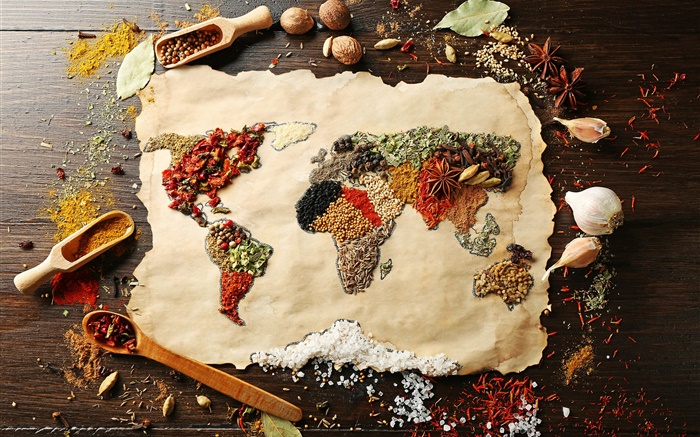 Lebensmittel, Gewürze, Oberfläche, Weltkarte, kreative Bilder Hintergrundbilder Bilder