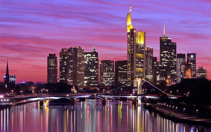 Frankfurt am Main, Deutschland, Stadt, Fluss, Brücke, Lichter, Wolkenkratzer Hintergrundbilder Bilder
