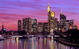 Frankfurt am Main, Deutschland, Stadt, Fluss, Brücke, Lichter, Wolkenkratzer HD Hintergrundbilder