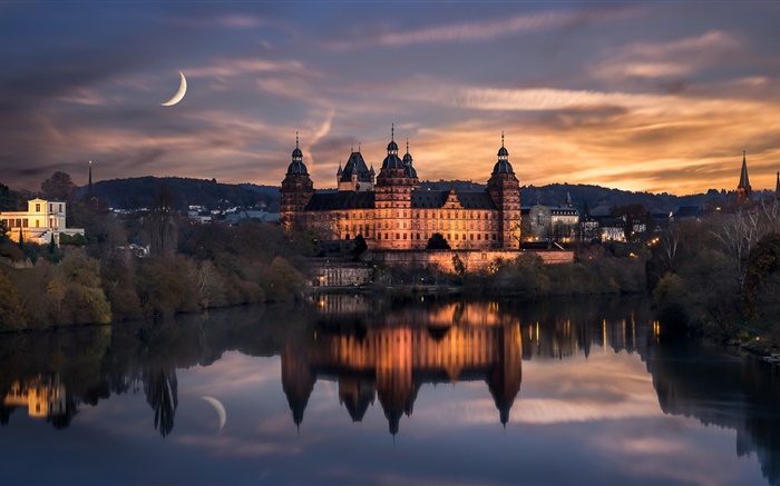 Deutschland, Aschaffenburg, Nacht, Mond, Wolken, Wasser Reflexion Hintergrundbilder Bilder