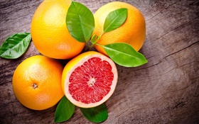 Grapefruit, Früchte, Blätter, rot, orange HD Hintergrundbilder