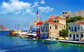 Griechenland, Stadt, Steg, Boot, Haus HD Hintergrundbilder