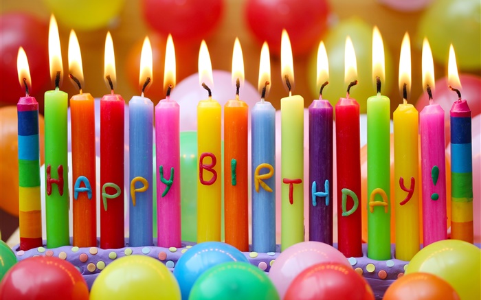 Alles Gute zum Geburtstag, bunte Kerzen, Feuer, Luftballons Hintergrundbilder Bilder