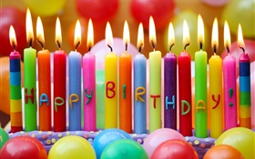 Alles Gute zum Geburtstag, bunte Kerzen, Feuer, Luftballons HD Hintergrundbilder