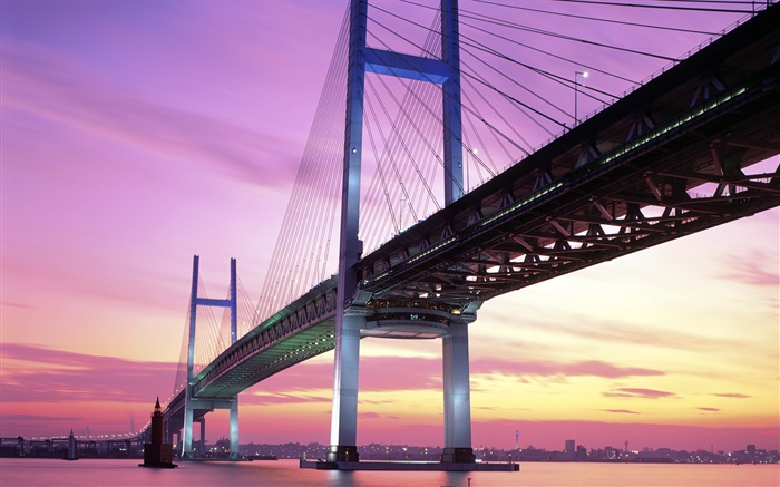 Japan, Brücke, Meer, Sonnenuntergang Hintergrundbilder Bilder