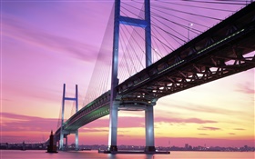 Japan, Brücke, Meer, Sonnenuntergang HD Hintergrundbilder