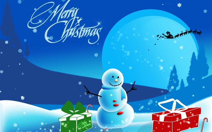 Frohe Weihnachten, Kunst, Bilder, schneemann, schnee, Geschenke, Mond Hintergrundbilder Bilder