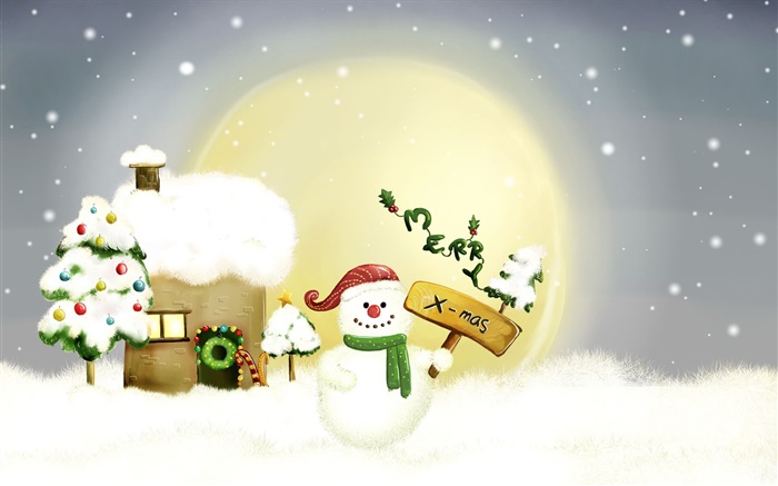 Frohe Weihnachten, Schneemann, Bäume, Mond, Haus, Schnee Hintergrundbilder Bilder