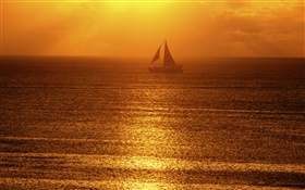 Morgen, Nebel, Meer, Boot, Sonnenstrahlen HD Hintergrundbilder