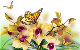 Orchidee, Blumen, Blätter, Blüten, Schmetterling HD Hintergrundbilder