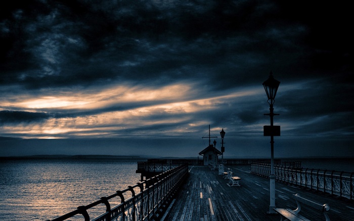 Pier, Meer, Abenddämmerung, bewölkter Himmel Hintergrundbilder Bilder