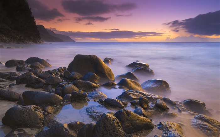 Felsen, Strand, Meer, Sonnenuntergang, Hawaii, USA Hintergrundbilder Bilder