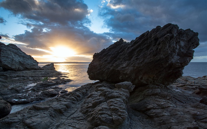 Felsen, Meer, Sonnenuntergang, Coromandel, Neuseeland Hintergrundbilder Bilder