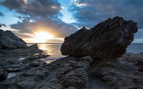 Felsen, Meer, Sonnenuntergang, Coromandel, Neuseeland