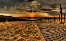 Sand, Strand, Seebrücke, sonnenuntergang, wolken HD Hintergrundbilder