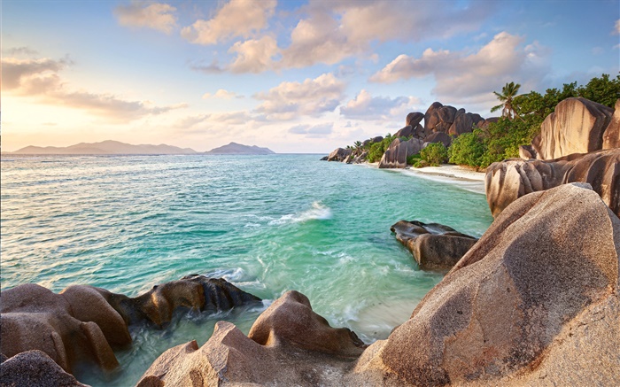 Seychellen, Steine, Meer, Küste, Strand, Sonnenuntergang Hintergrundbilder Bilder