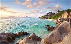 Seychellen, Steine, Meer, Küste, Strand, Sonnenuntergang HD Hintergrundbilder