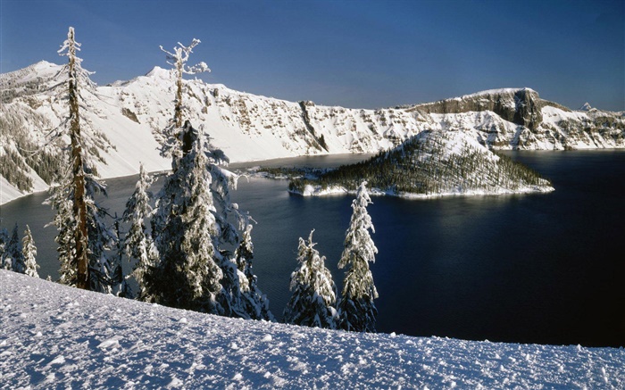 Schnee, vulkanischen See, Bäume Hintergrundbilder Bilder