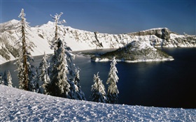 Schnee, vulkanischen See, Bäume