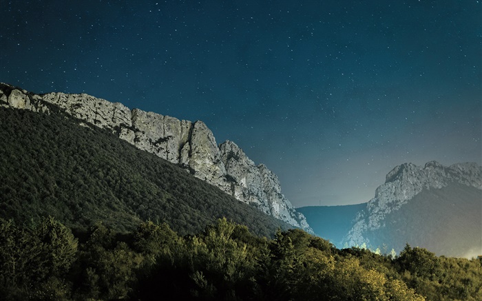 Stein Berge, Bäume, Nacht Hintergrundbilder Bilder