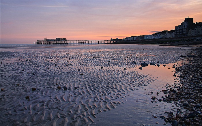 Sonnenuntergang, Pier, Strand, Dämmerung, Hastings, England Hintergrundbilder Bilder