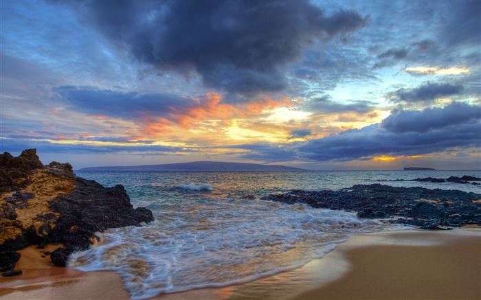 Sonnenuntergang, Meer, Küste, Secret Beach, Maui, Hawaii, USA Hintergrundbilder Bilder