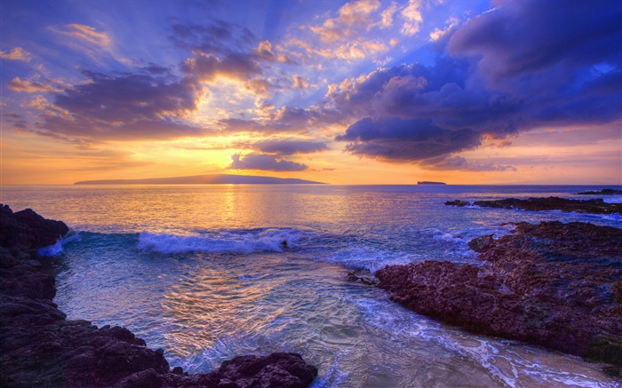 Sonnenuntergang, Wellen, Secret Beach, Maui, Hawaii, USA Hintergrundbilder Bilder