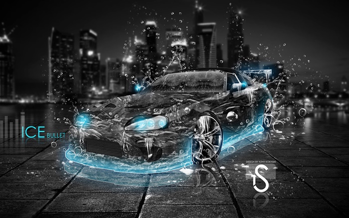 Wasserspritzen Auto, schwarz Supersportwagen, Frontansicht, kreatives Design Hintergrundbilder Bilder