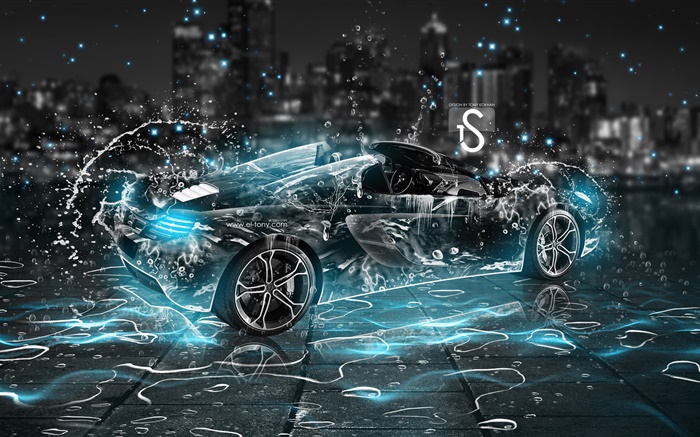 Wasserspritzen Auto, schwarz Supersportwagen, Nacht, kreatives Design Hintergrundbilder Bilder