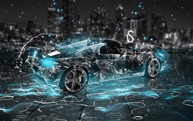 Wasserspritzen Auto, schwarz Supersportwagen, Nacht, kreatives Design HD Hintergrundbilder