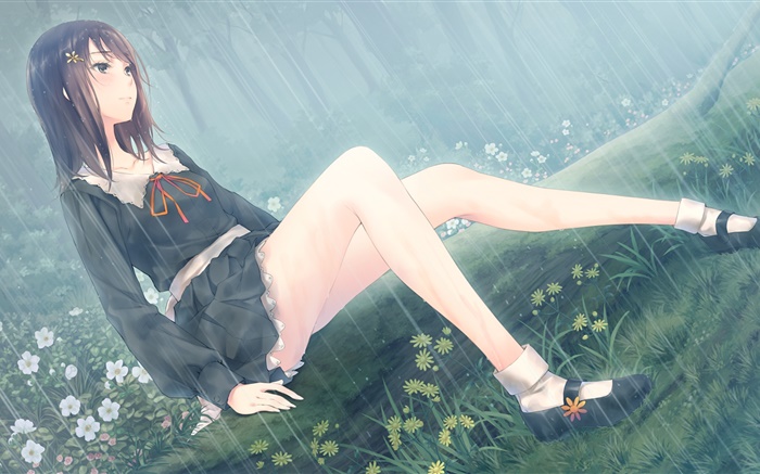 Anime mädchen, blumen, regen Hintergrundbilder Bilder