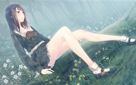 Anime mädchen, blumen, regen