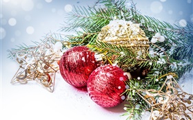 Weihnachtskugeln, Tannenzweig, Dekoration des neuen Jahres HD Hintergrundbilder