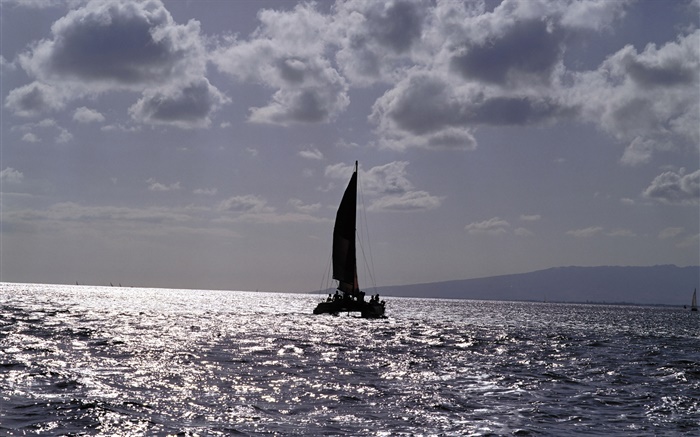 Abenddämmerung, Meer, Boot, Wolken Hintergrundbilder Bilder