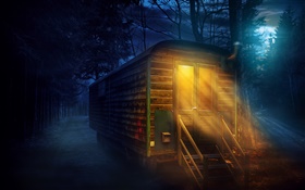 Wald, Nacht, Vollmond, Holzhaus, Beleuchtung HD Hintergrundbilder