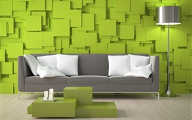 Wohnzimmer, Sofa, grüne Wände, Lampe HD Hintergrundbilder