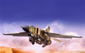 MiG-Kämpfer, fliegen, wüste, Wolken