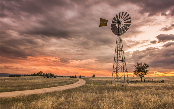New South Wales, Australien, Gras, Windmühle, Wolken, Sonnenuntergang Hintergrundbilder Bilder