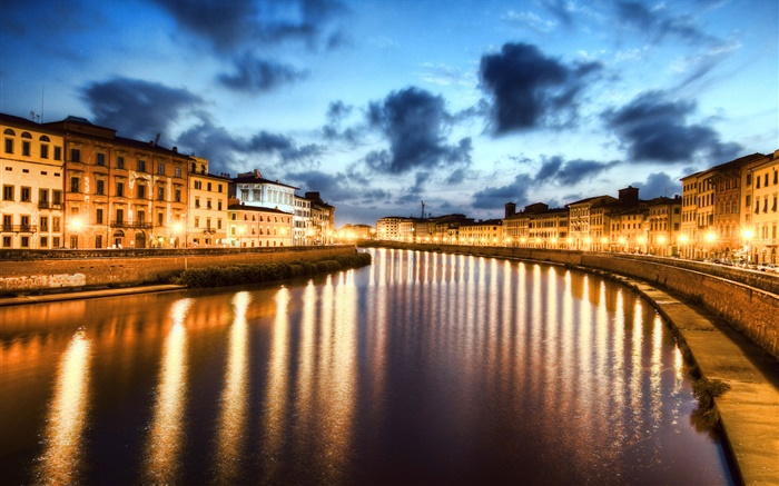 Pisa, Italien, Stadt Nacht, Lichter, Fluss Hintergrundbilder Bilder