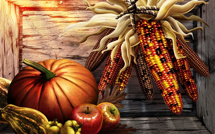 Kürbis, Mais, Paprika, Äpfel, Thanksgiving Hintergrundbilder Bilder