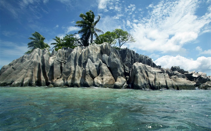 Meer, Steine, Bäume, Wolken, Seychellen Hintergrundbilder Bilder
