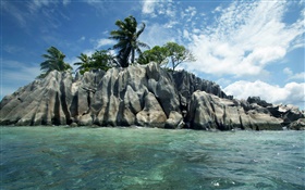 Meer, Steine, Bäume, Wolken, Seychellen HD Hintergrundbilder