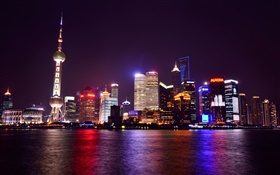 Shanghai, China, Nacht, Stadt, Lichter, Wolkenkratzer, Fluss