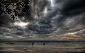 Sturm, Wolken, Küste, Strand, Schiff, Abend HD Hintergrundbilder