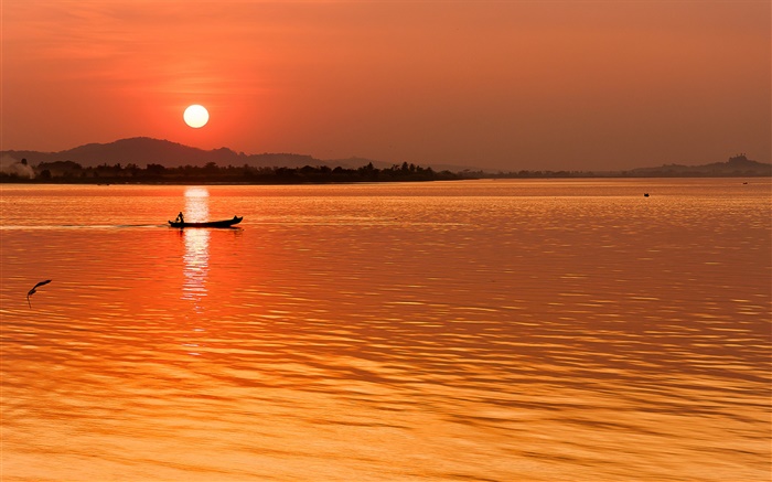 Sonnenuntergang, rot Himmel, Fluss, Boot Hintergrundbilder Bilder